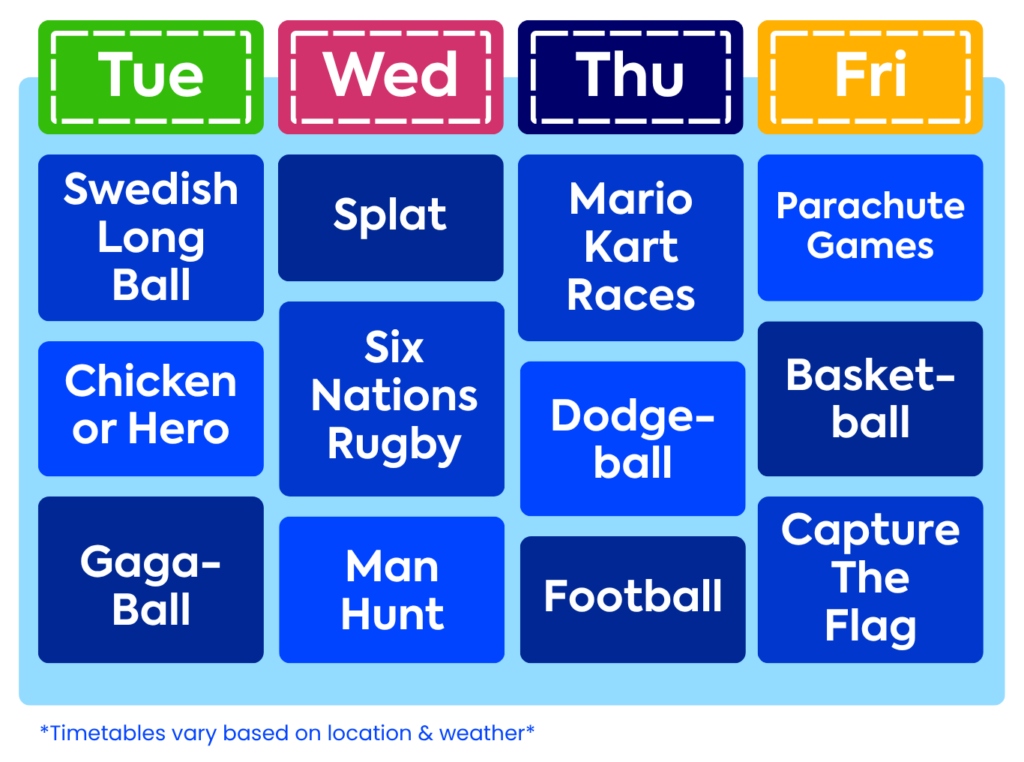 Example Ultimate Kids Camp activity timetable for May half term