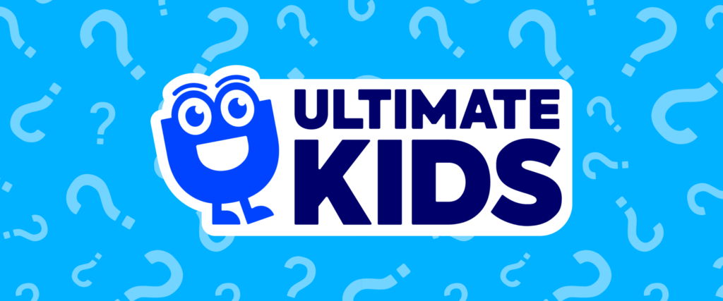 Ultimate kids Logo with a question mark pattern background design